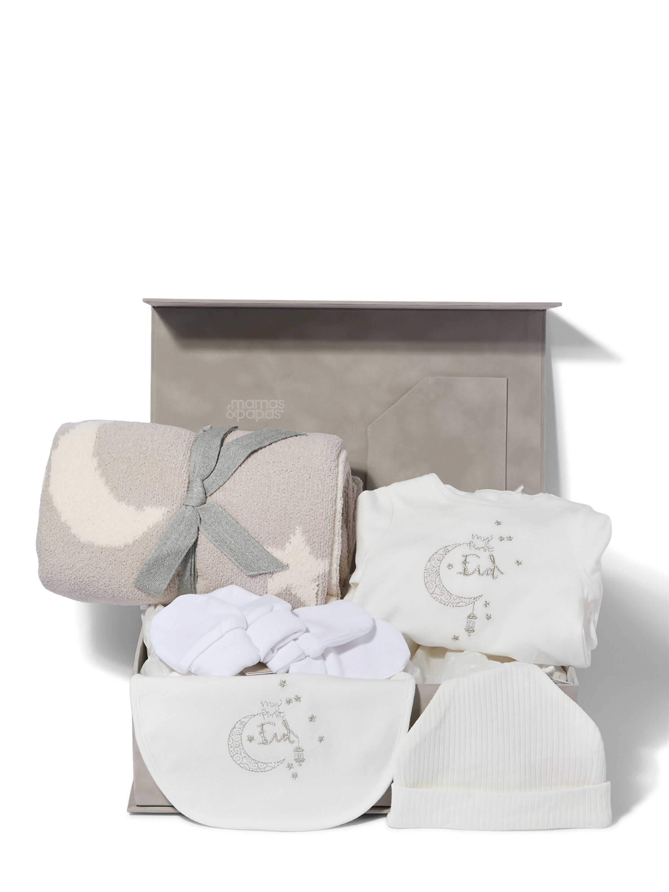 My First Eid Box - 6 Piece Gift Set with Chenille Blanket Neutral Moon/Star image number 1